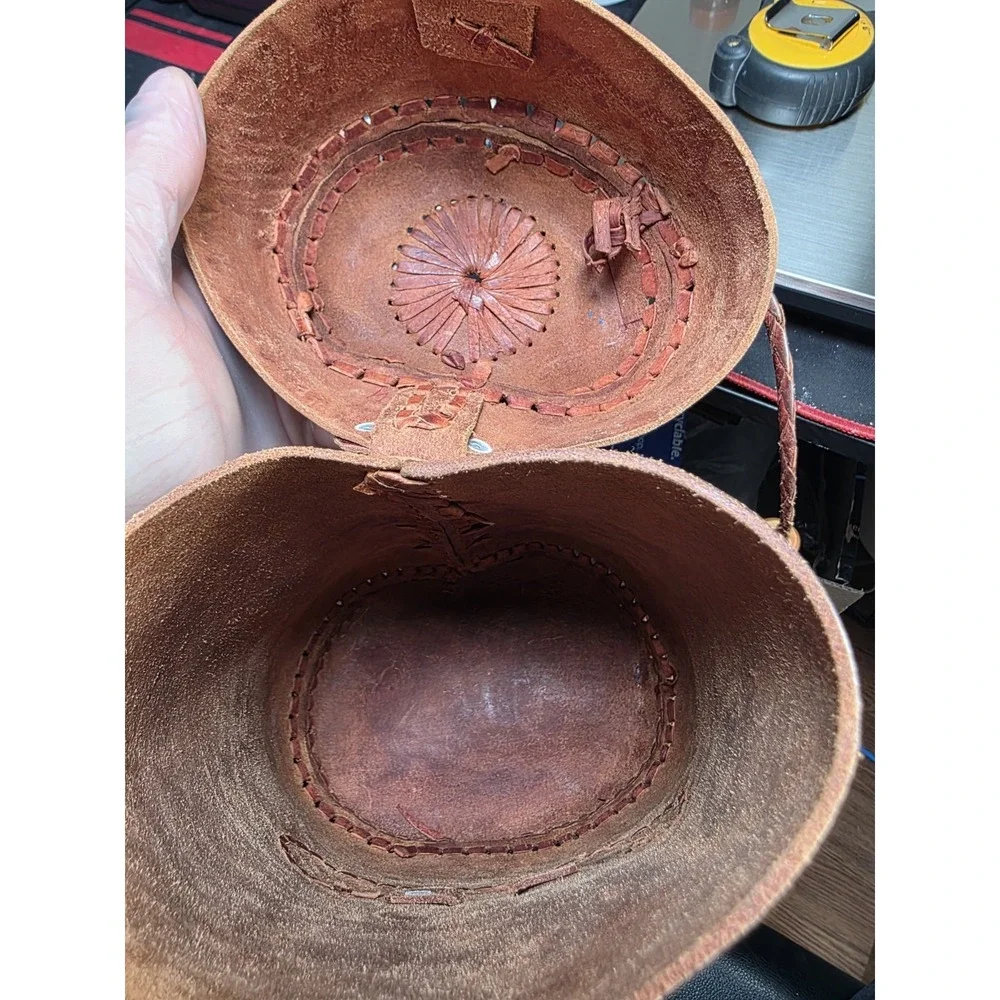 Vintage handcrafted Cowhide Leather Crossbody Bag Boho Tooled Cylinder Design - Picture 6 of 9
